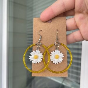 Yellow beaded daisy hoops earrings